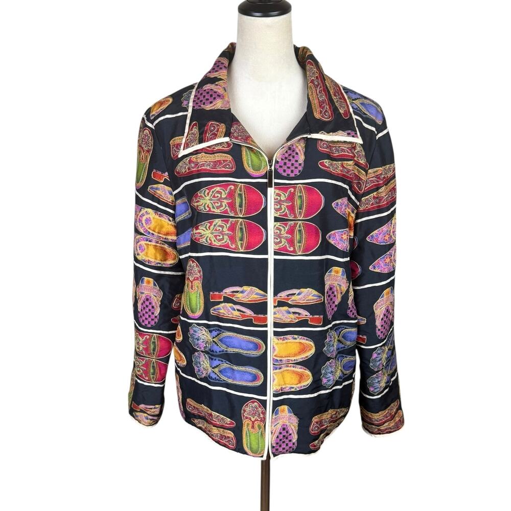 Victor Costa Vintage Silk Novelty Japanese Slipper Print Embroidered Jacket